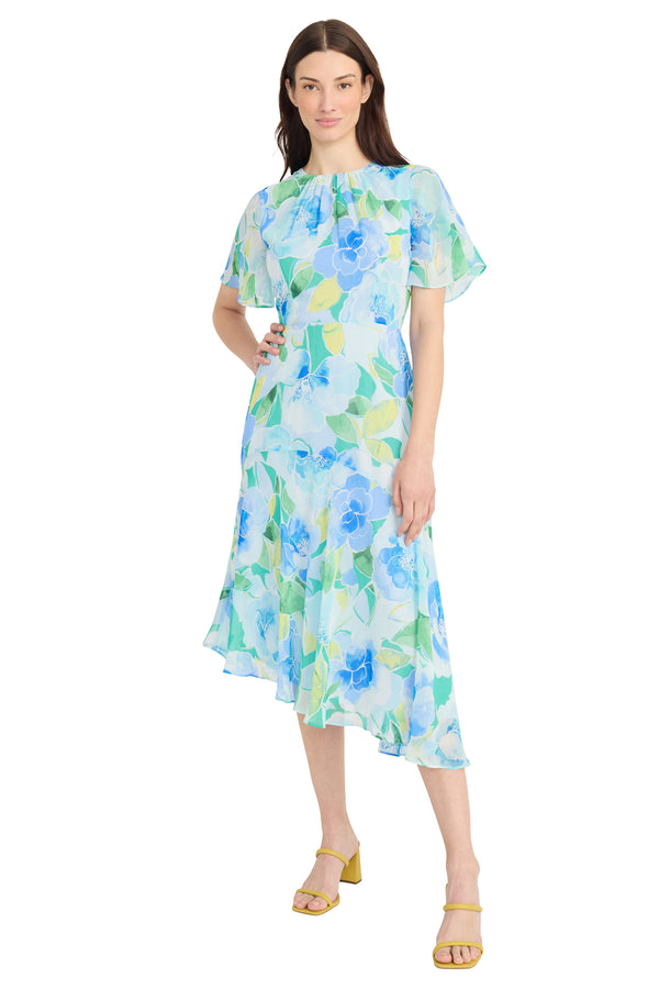 donna morgan FLUTTER SLEEVE YOKED ASYMMETRICAL MIDI SKIRT