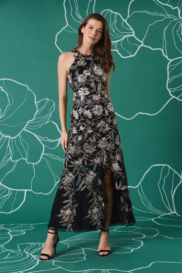 Donna Morgan HALTER NECK MAXI DRESS WITH FLOUNCE AT SLIT