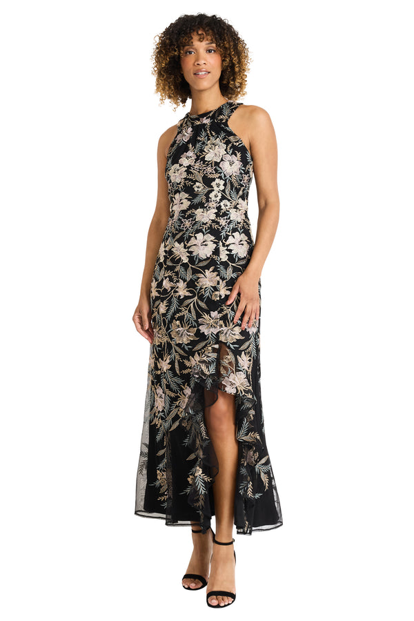 donna morgan HALTER NECK MAXI DRESS WITH FLOUNCE AT SLIT