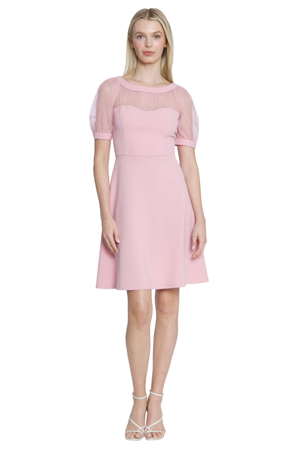 donna morgan ILLUSION YOKE FIT & FLARE W/ PUFF SLEEVES