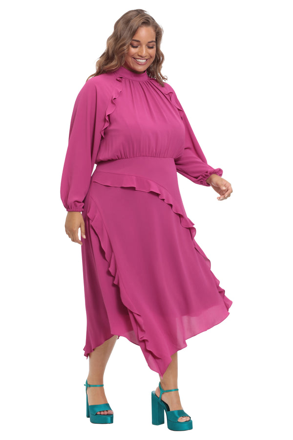 Donna Morgan MIDI DRESS WITH LONG SLEEVE AND RUFFLE DETAIL