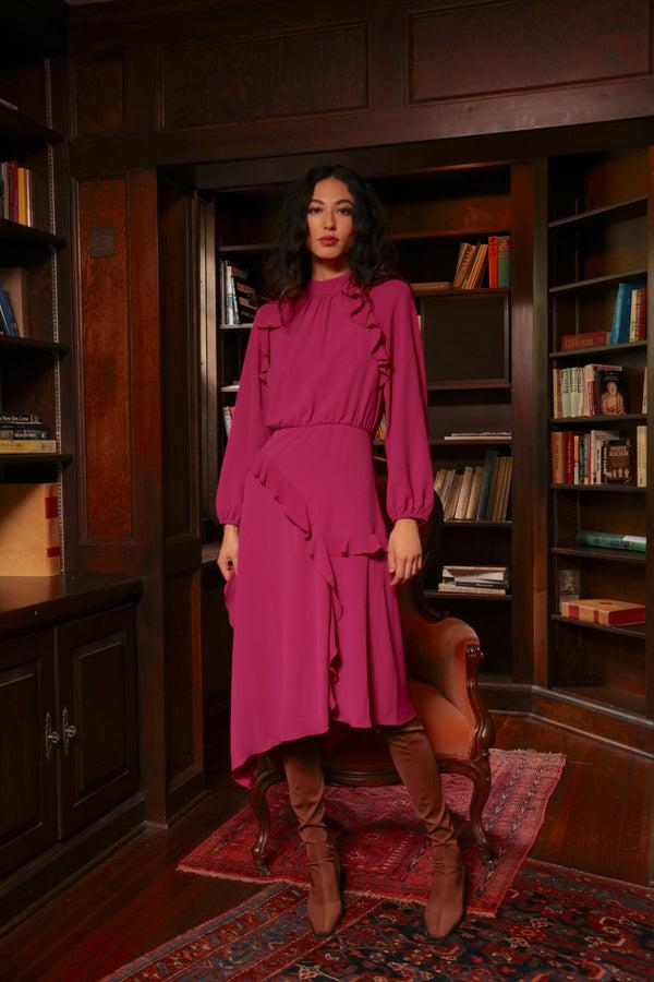 Donna Morgan MIDI DRESS WITH LONG SLEEVE AND RUFFLE DETAIL