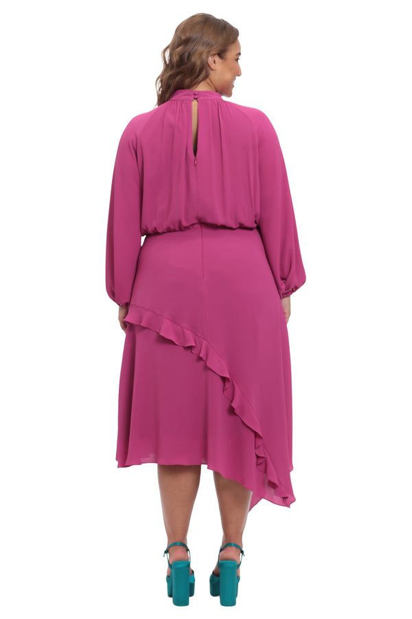 donna morgan MIDI DRESS WITH LONG SLEEVE AND RUFFLE DETAIL
