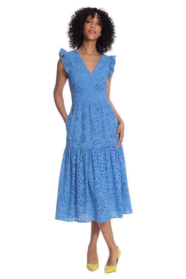 Donna Morgan MIDI DRESS WITH RUFFLE SLEEVES AND V NECK