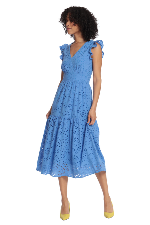 Donna Morgan MIDI DRESS WITH RUFFLE SLEEVES AND V NECK