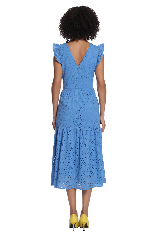 Donna Morgan MIDI DRESS WITH RUFFLE SLEEVES AND V NECK