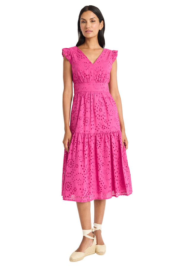 donna morgan MIDI DRESS WITH RUFFLE SLEEVES AND V NECK