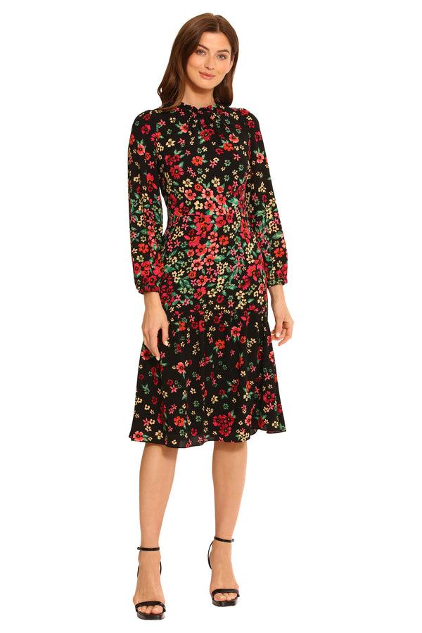 Donna Morgan PRINTED BUBBLE CREPE TEA DRESS W/ RUFFLE NECK