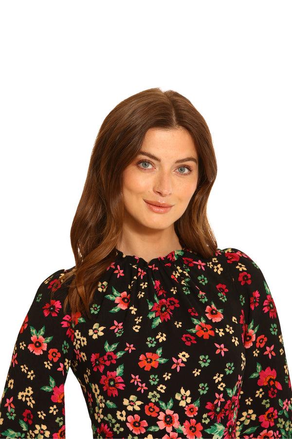 Donna Morgan PRINTED BUBBLE CREPE TEA DRESS W/ RUFFLE NECK