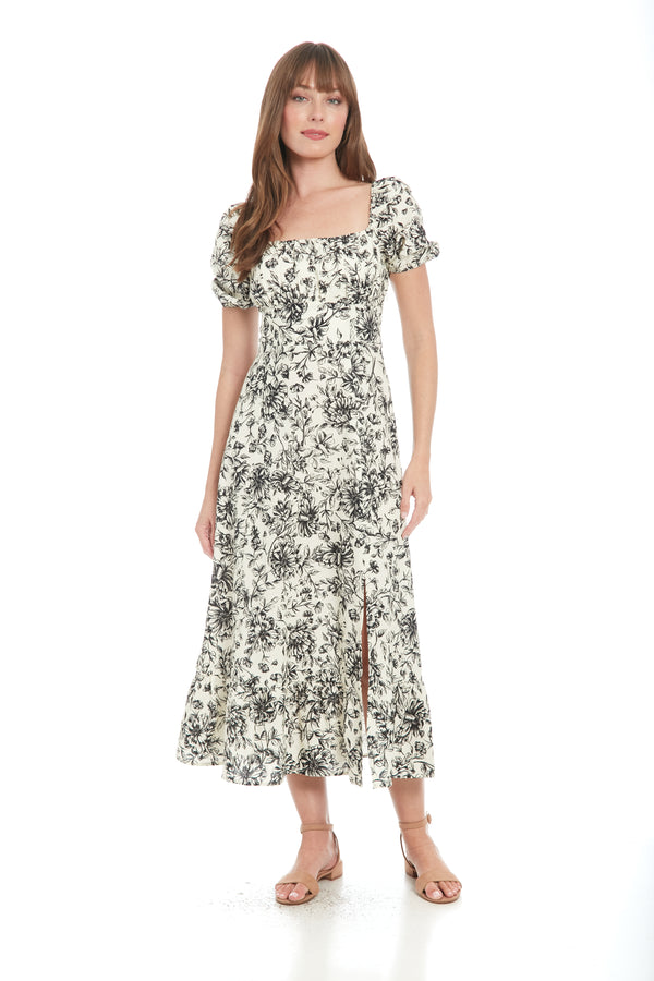Donna Morgan Puff Sleeve Square Neck Empire Smocked Back Midi Dress
