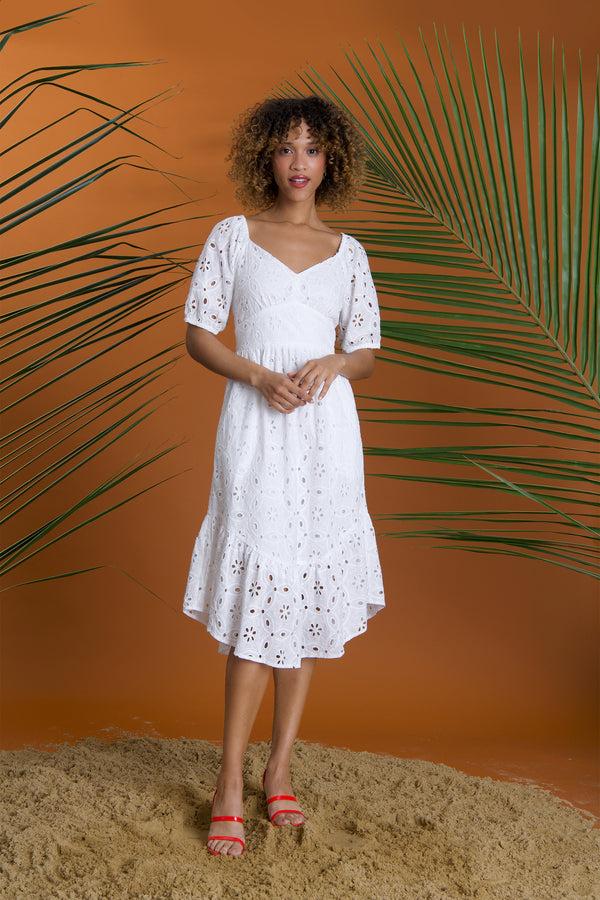 Donna Morgan PUFFL SLEEVE MIDI DRESS WITH CURVED RUFFLE HEM