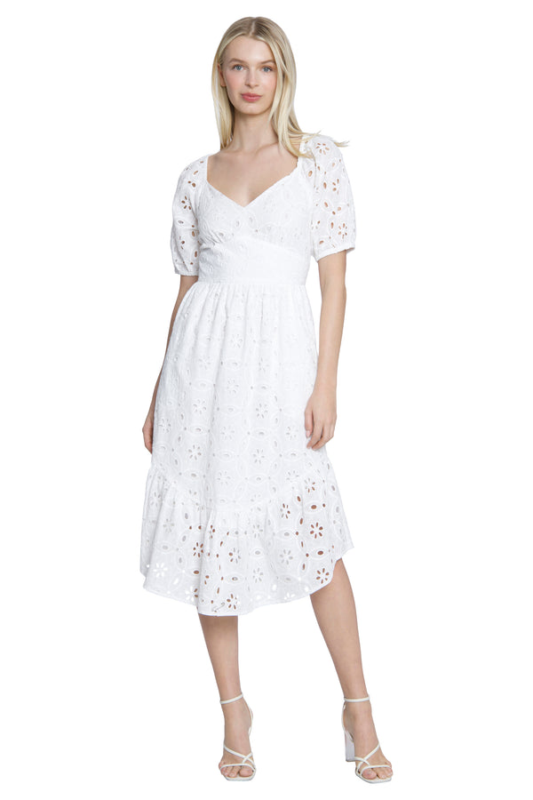 donna morgan PUFFL SLEEVE MIDI DRESS WITH CURVED RUFFLE HEM