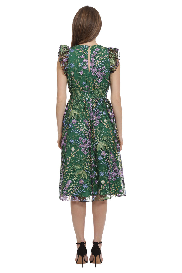 Donna Morgan SHORT SLEEVE V-NECK MIDI DRESS WITH RUFFLE FLOUNCE