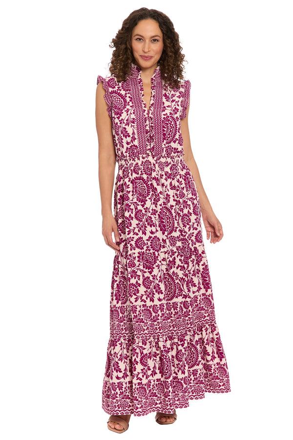 Donna Morgan Smocked Waist Ruffle Collared Tiered Maxi Dress