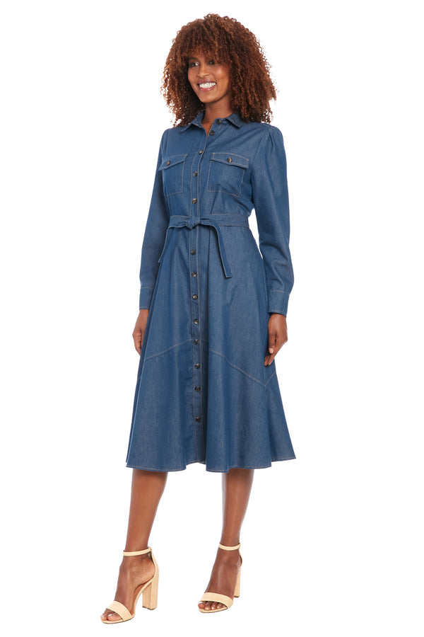 Donna Morgan Susan Below The Knee Long Sleeve Shirtdress
