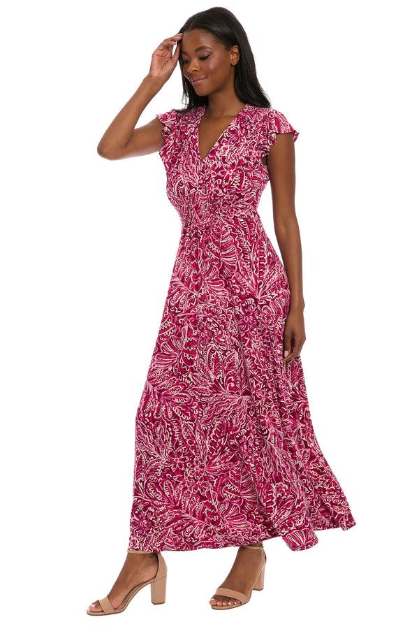 Donna Morgan Tay In Linear Floral Maxi Flutter Sleeve Dress