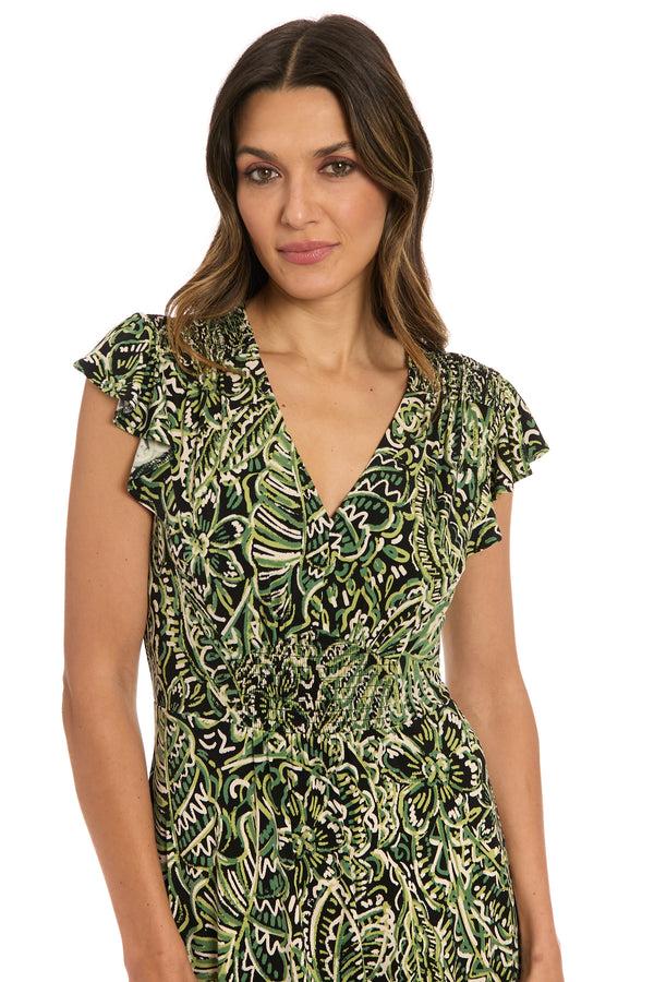 Donna Morgan Tay In Linear Floral Maxi Flutter Sleeve Dress