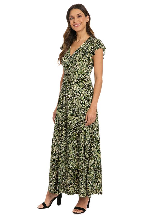 Donna Morgan Tay In Linear Floral Maxi Flutter Sleeve Dress