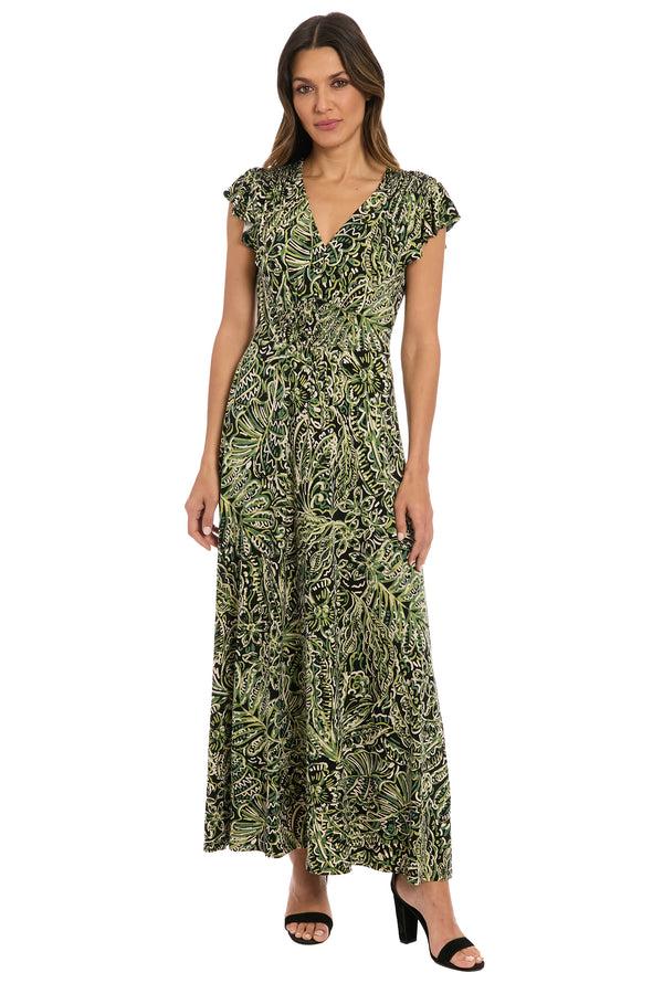 donna morgan Tay in Linear Floral Maxi Flutter Sleeve Dress