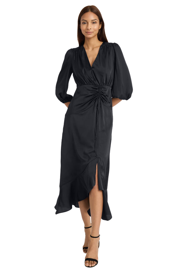 donna morgan WRAP DRESS WITH TIERED SKIRT AND DETAIL AT WAIST SEAM
