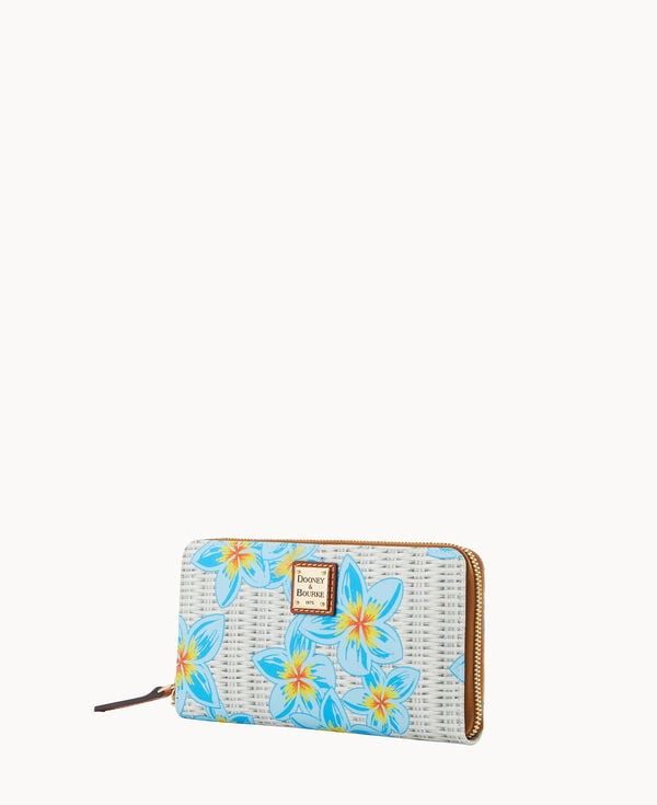 Dooney & Bourke Plumeria Large Zip Around Wristlet Sky Blue White