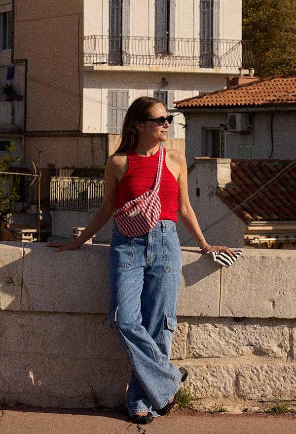 Dottir Cotton Fanny Pack In Vichy Cherry