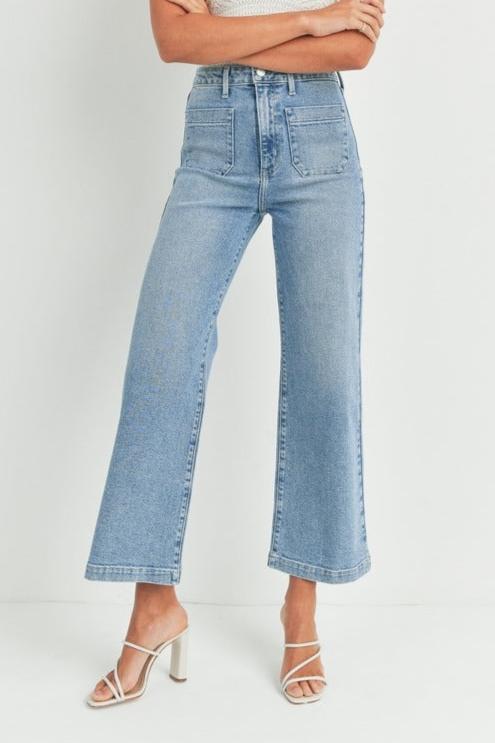 dottir Just Black Birdie Patch Pocket Wide Legs in Light Denim