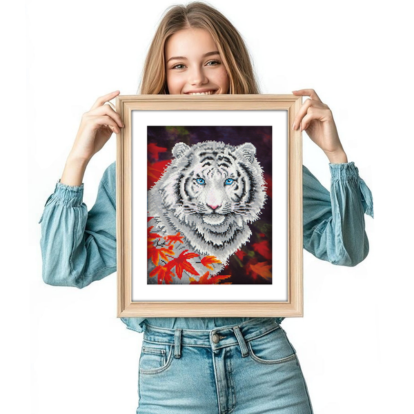 Dotz Diamond Dotz White Tiger In Autumn With Frame - 14.0" X 18.0"