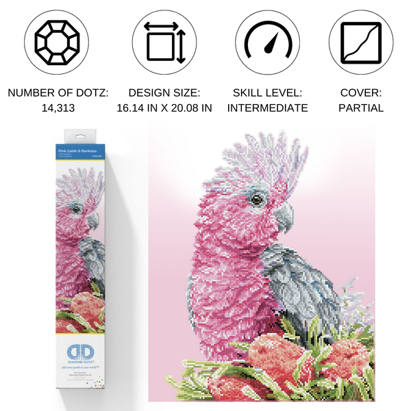 Dotz Diamond Dotz Pink Galah & Banksias - 16.1" X 20.1"