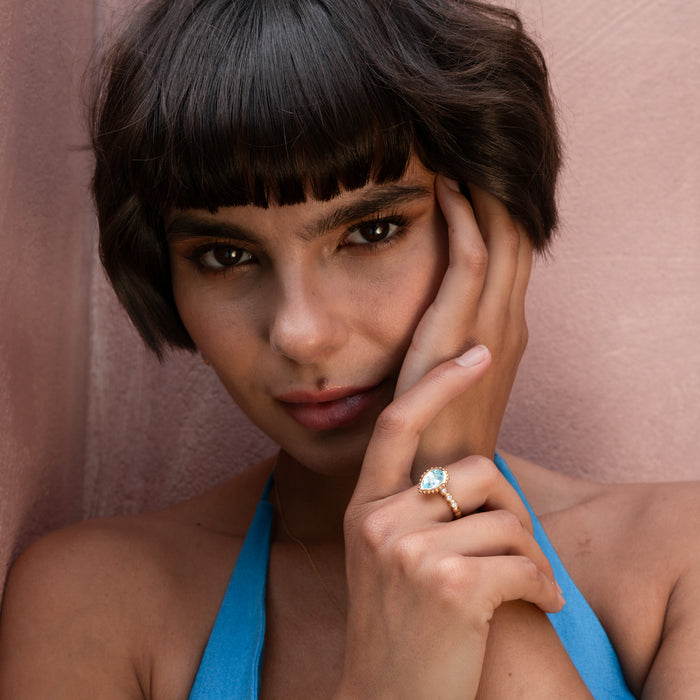 Dower & Hall 14k Gold Anemone Teardrop Ring With Blue Topaz