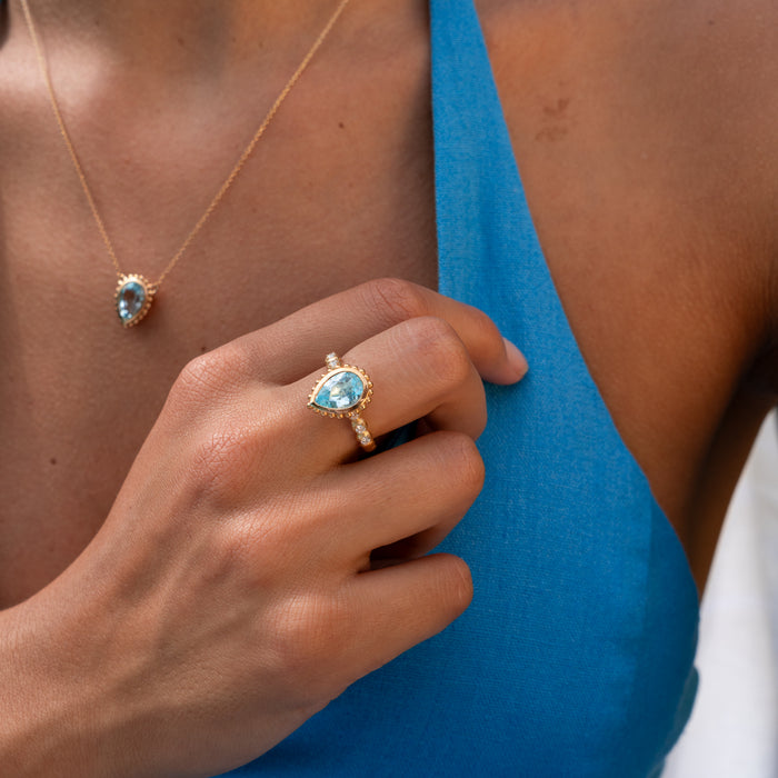 Dower & Hall 14k Gold Anemone Teardrop Ring With Blue Topaz