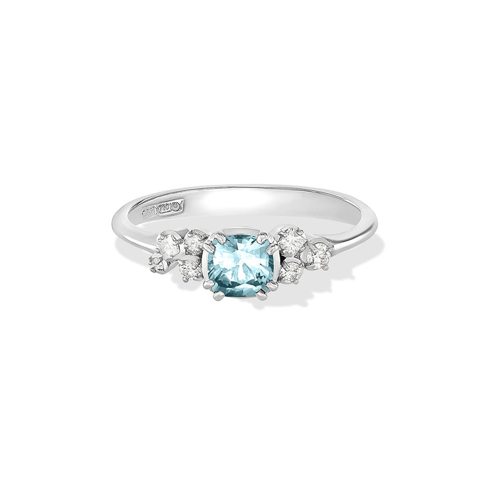Dower & Hall 18k 5mm Cushion Aquamarine & Diamond Stargazer Ring