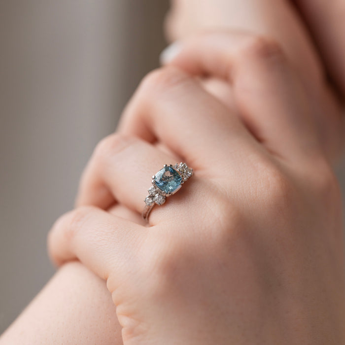 Dower & Hall 18k 6mm Cushion Aquamarine & Diamond Stargazer Ring