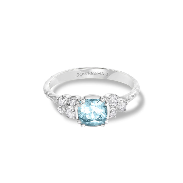 Dower & Hall 18k 6mm Cushion Aquamarine & Diamond Stargazer Ring