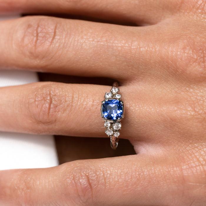 Dower & Hall 18k 6mm Cushion Blue Sapphire & Diamond Stargazer Ring