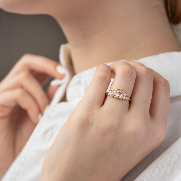 Dower & Hall 18k 6mm Cushion Morganite & Diamond Stargazer Ring