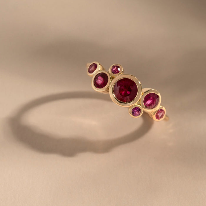 Dower & Hall 18k Gold Cascade Cluster Ring With Rubies