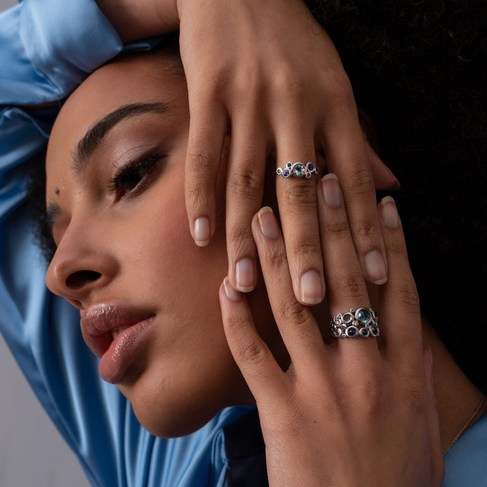 Dower & Hall 18k White Gold Three Row Blues Cascade Ring