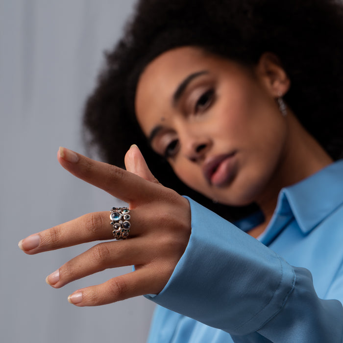 Dower & Hall 18k White Gold Three Row Blues Cascade Ring