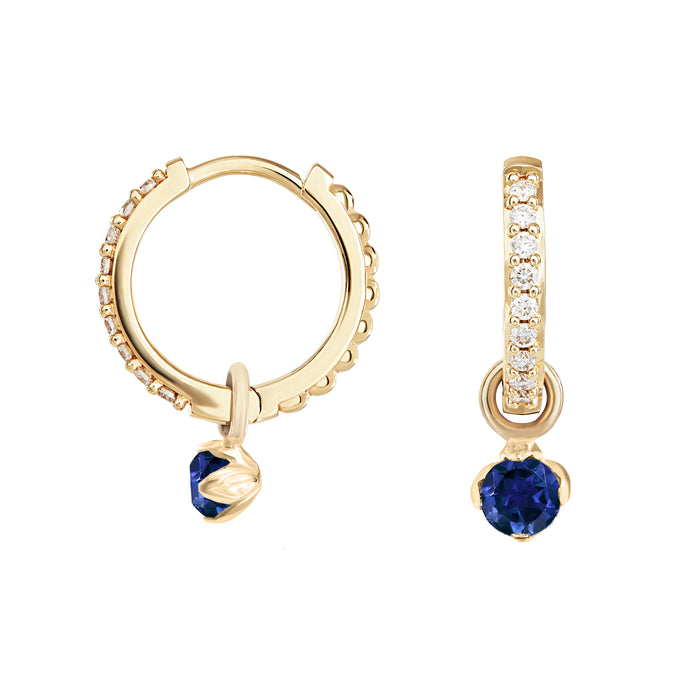 dower & hall 9k Diamond Hoops with Sapphire Lotus Drops