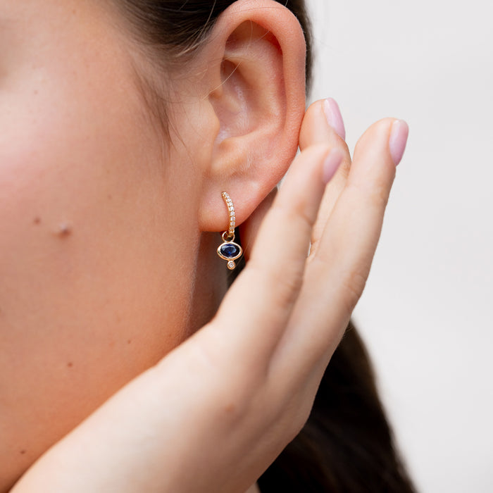 Dower & Hall 9k Diamond Stargazer Hoops With Blue Sapphire Oval Drops