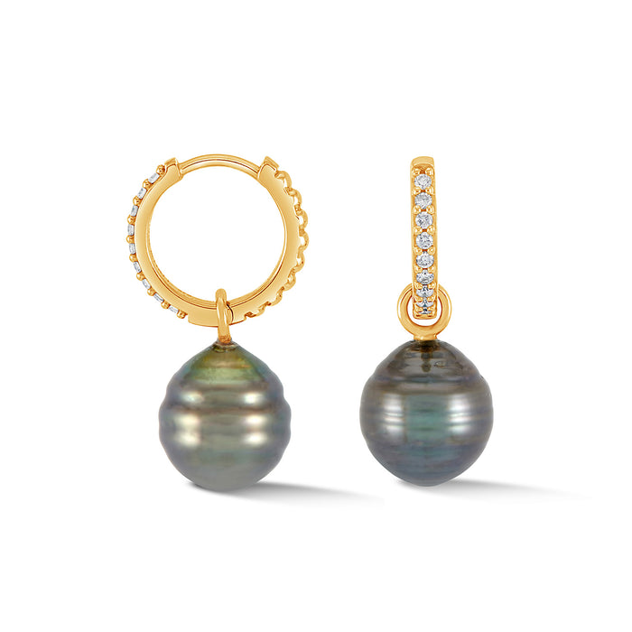 dower & hall 9k Gold Diamond and Tahitian Pearl Huggie Hoops
