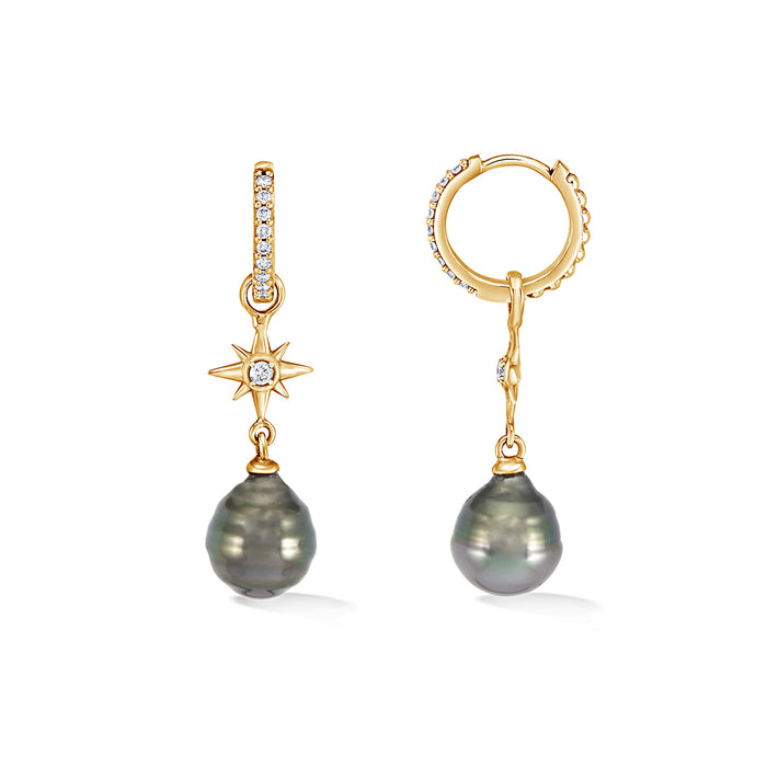 dower & hall 9k Gold & Diamond North Star Hoops with Tahitian Pearls
