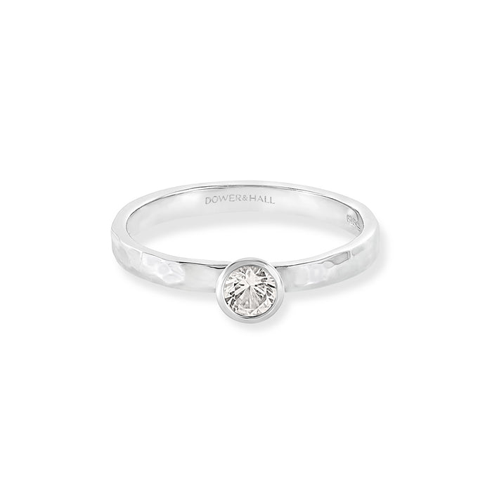 Dower & Hall 4mm White Topaz Hammered Twinkle Ring