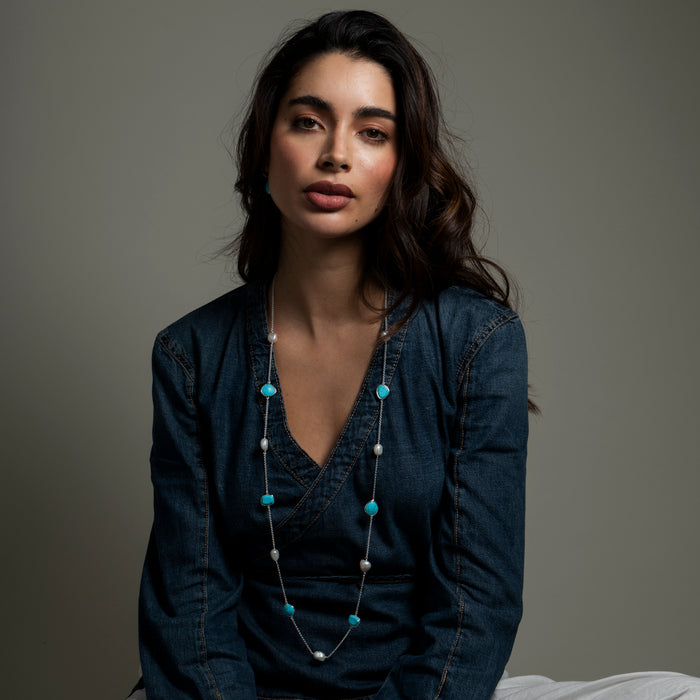 Dower & Hall Long Turquoise & Baroque Pearl Necklace