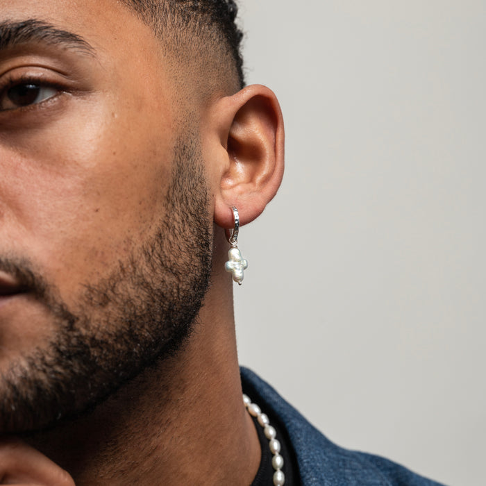 Dower & Hall Men's Single White Cross Pearl Hoop