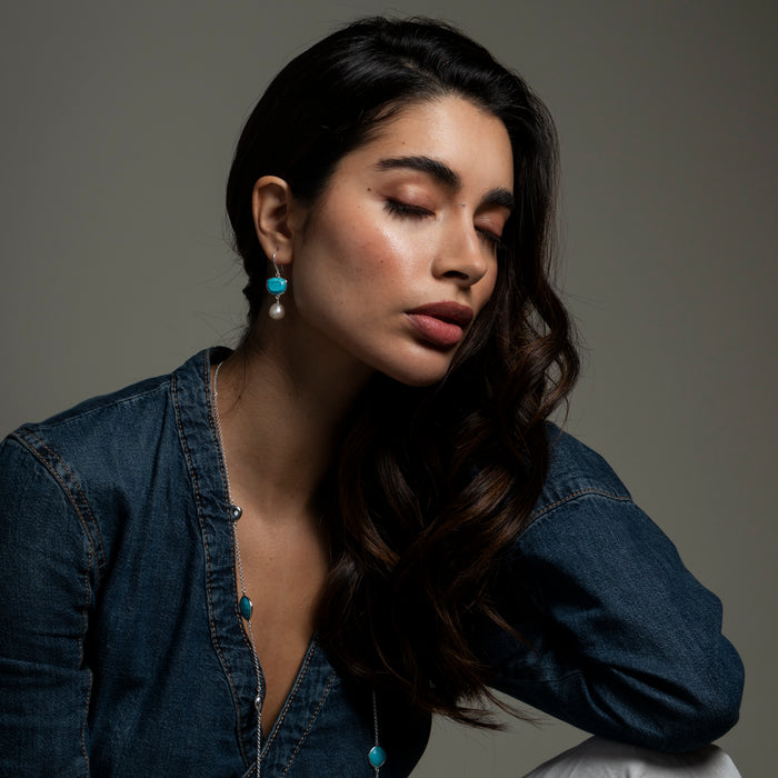 Dower & Hall Turquoise Pebble & Pearl Drop Earrings