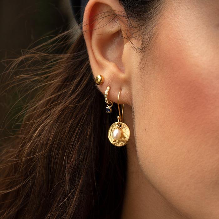 Dower & Hall Hammered Disc & White Freshwater Pearl Nomad Earrings