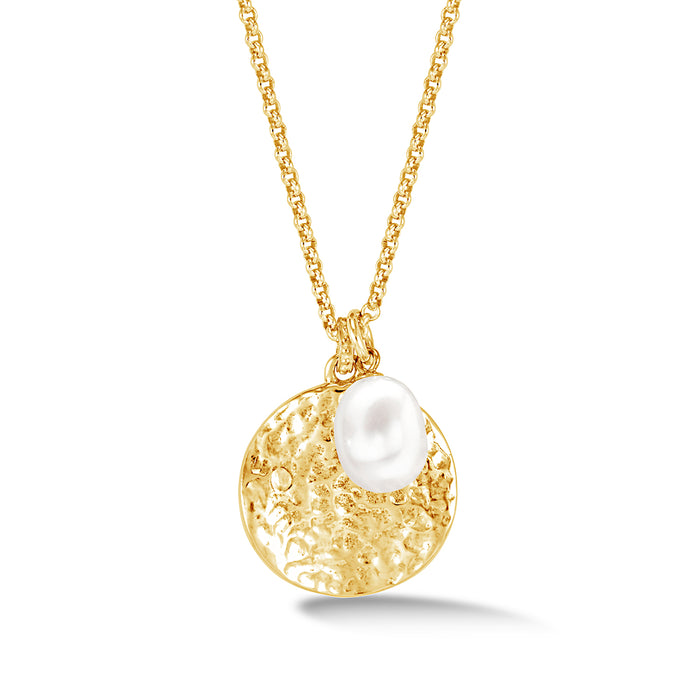 dower & hall Hammered Disc & White Freshwater Pearl Nomad Pendant