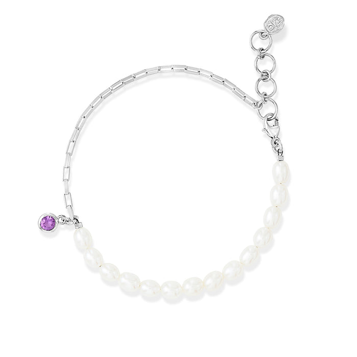dower & hall Luna White Pearl Chain and Amethyst Drop Bracelet